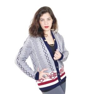 SLATE & WILLOW Grey Knit Printed Novelty Cardigan SMALL